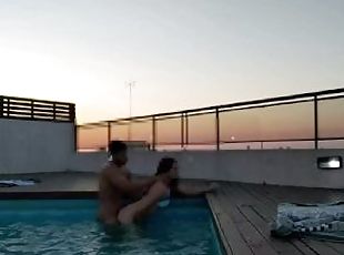 cumming a lot in the pool at a beautiful sunset - accounter adventure
