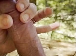Horny milf/wife sucks and fucks huge uncut BWC in a public wooded area