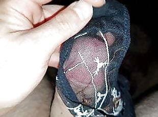 Playing with mom&#039;s black panties and sperm in her bedroom 