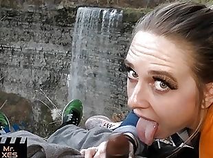 Outdoor Waterfall Blowjob, Blonde Canadian Almost Gets Caught