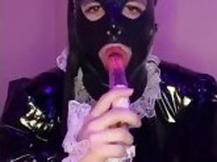 Sexy latex sissy maid sucks dildo and plays with chastity