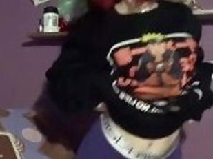 Dirty whore shows what she has under the anime hoodie