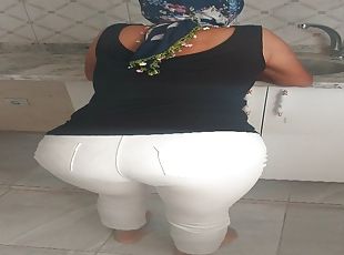Turkish woman in white tights, thin stockings, hijab