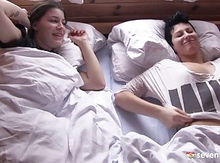 Babes on a ski trip play some lesbian sex games in the lodge