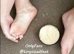 TinySizedFeet Rubbing Mango Body Butter all over my tiny feet, US Size 4, U.K Size 1,5, EU 34